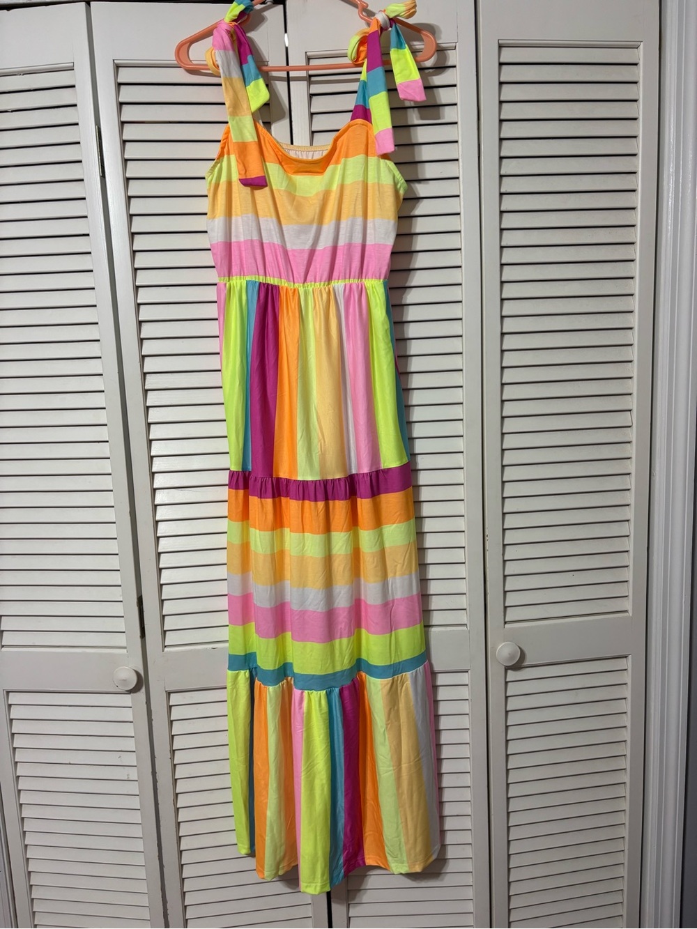 Girls' Neon Rainbow Striped Maxi Dress with Tie Straps